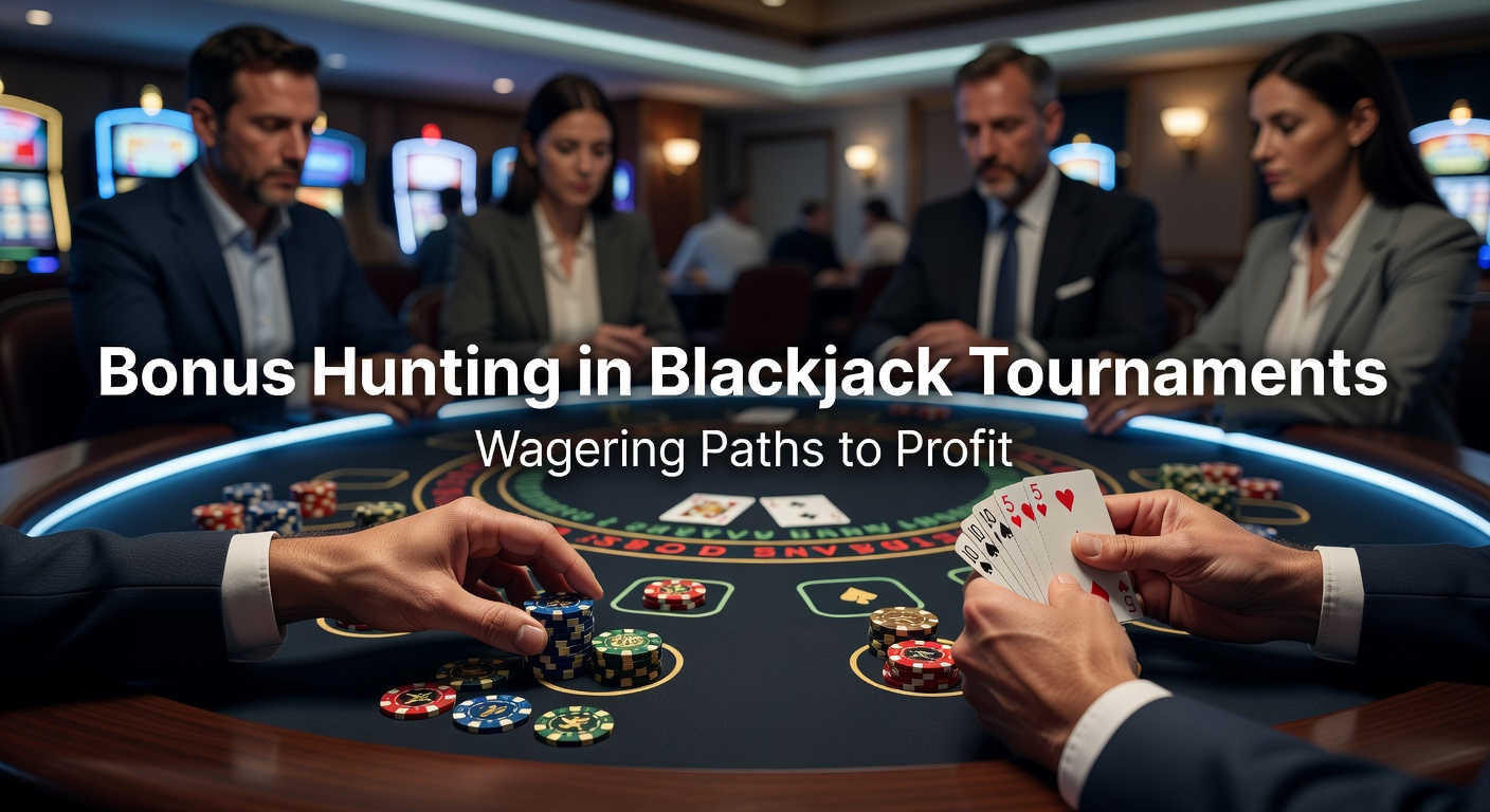 Spieler am Blackjack-Tisch in einem Turnier mit Bonus-Symbolen im Hintergrund, die Wettstrategien visualisieren