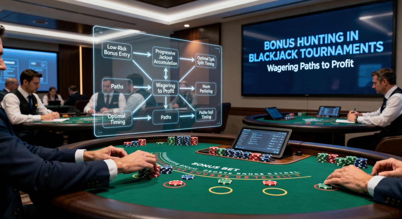 Detaillierte Grafik eines Wettpfads in einem Blackjack-Turnier, mit Bonus-Icons, Chip-Stacks und Strategie-Pfeilen