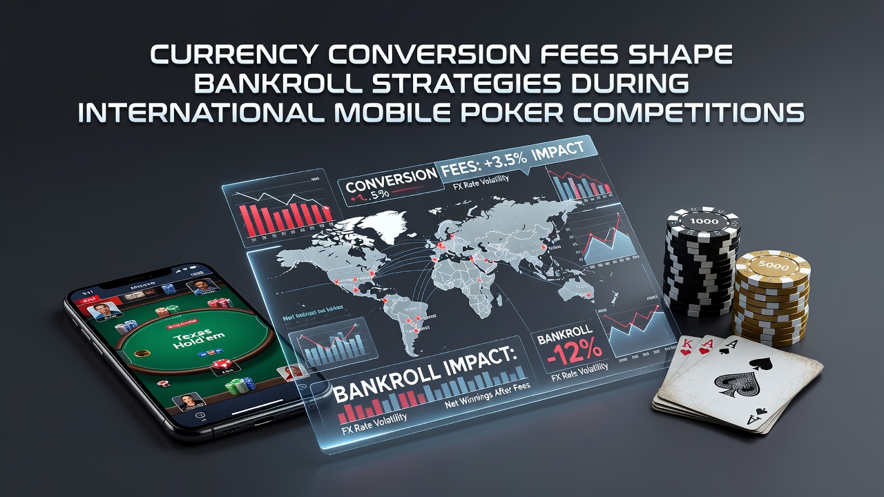 Mobile Poker App mit Währungsumrechnung auf Smartphone-Display während eines internationalen Turniers