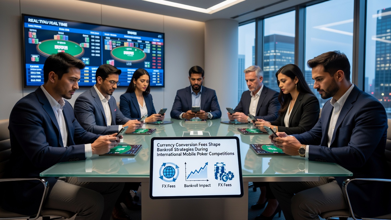 Poker-Spieler analysiert Bankroll-Statistiken auf Tablet mit Fokus auf Währungsumrechnungen
