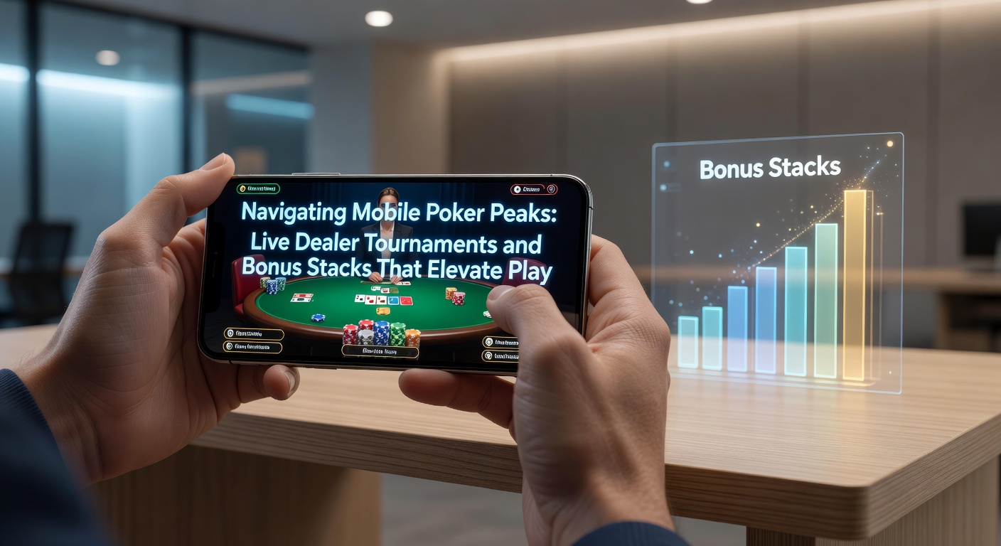 Smartphone mit laufendem Live-Poker-Turnier, umgeben von virtuellen Chips und Dealer-Karten auf einem dynamischen Tisch