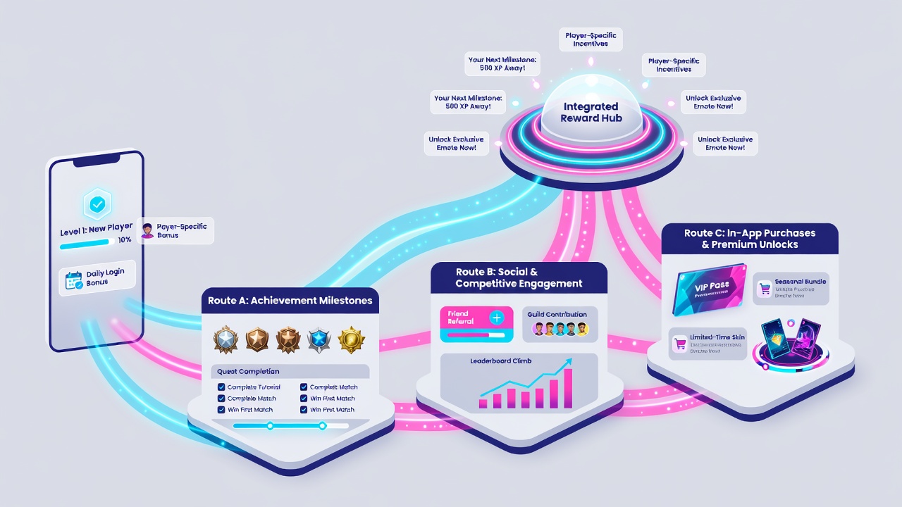 Visualisierung von verzweigten Fortschrittsrouten mit Belohnungsstufen und mobilen Integrationselementen
