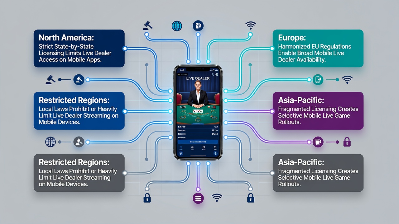 Smartphone mit Live-Dealer-Spiel und Lizenzsymbolen