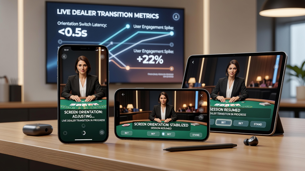 Smartphone-Display wechselt zwischen Portrait- und Landscape-Modus bei Live-Dealer-Übergang