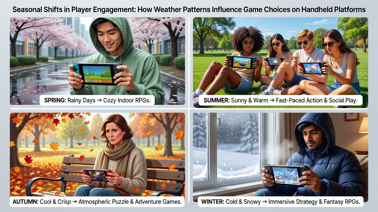 Darstellung von Handheld-Geräten in unterschiedlichen Wetterbedingungen mit saisonalen Spielmustern