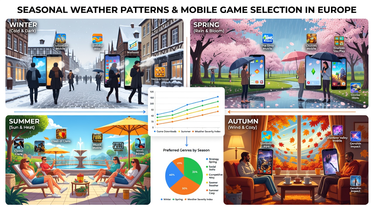 Grafische Übersicht zu Wetterbedingungen und Veränderungen in der mobilen Spielauswahl europäischer Nutzer