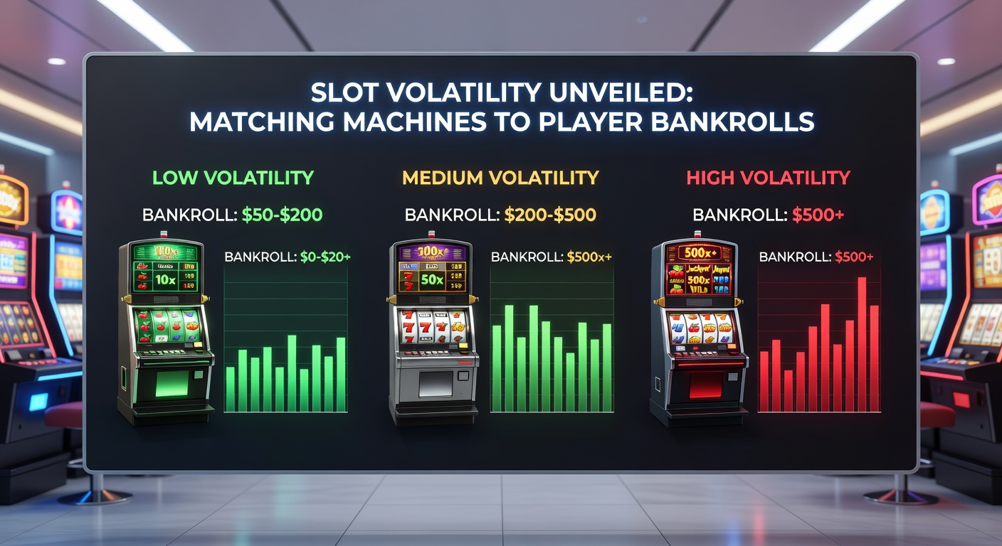 Vergleichstabelle von Slot-Volatilitäten mit Beispielen für niedrig, mittel und hoch, inklusive Bankroll-Empfehlungen