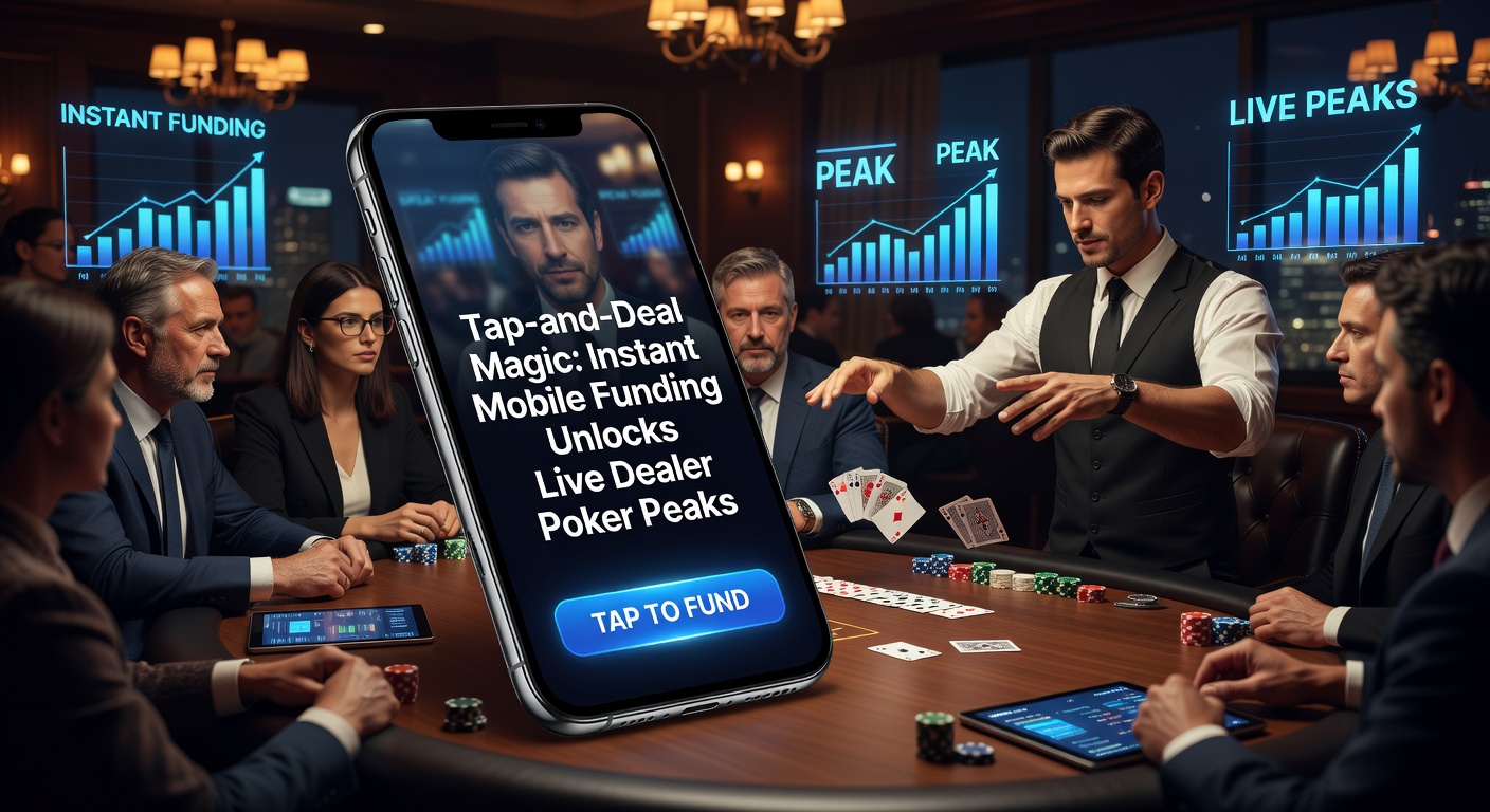 Smartphone mit Tap-and-Deal-Funktion bei einem Live-Dealer-Poker-Tisch, das schnelle Einzahlungen zeigt