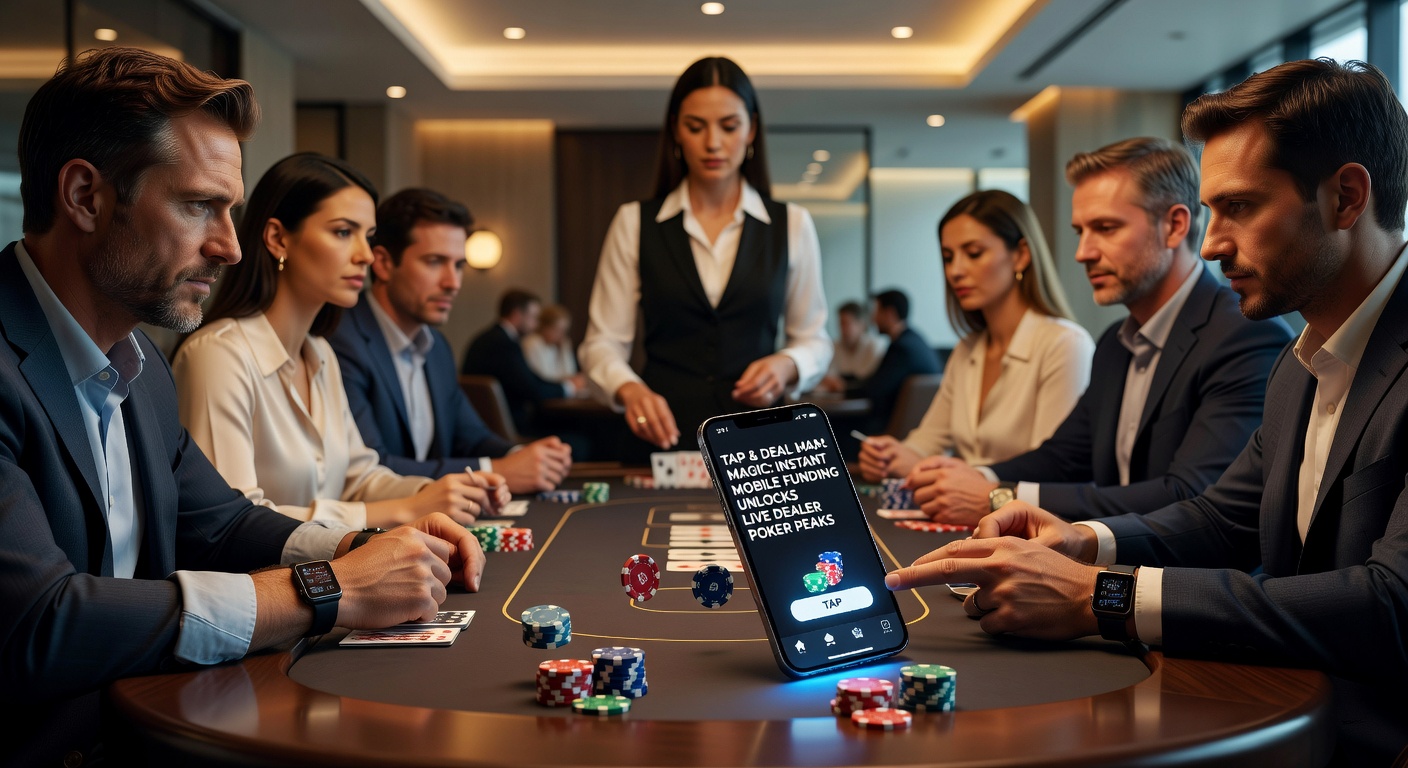 Live-Dealer-Poker-Tisch mit mobiler Einzahlung via Tap-and-Deal, umgeben von Spielern mit Smartphones