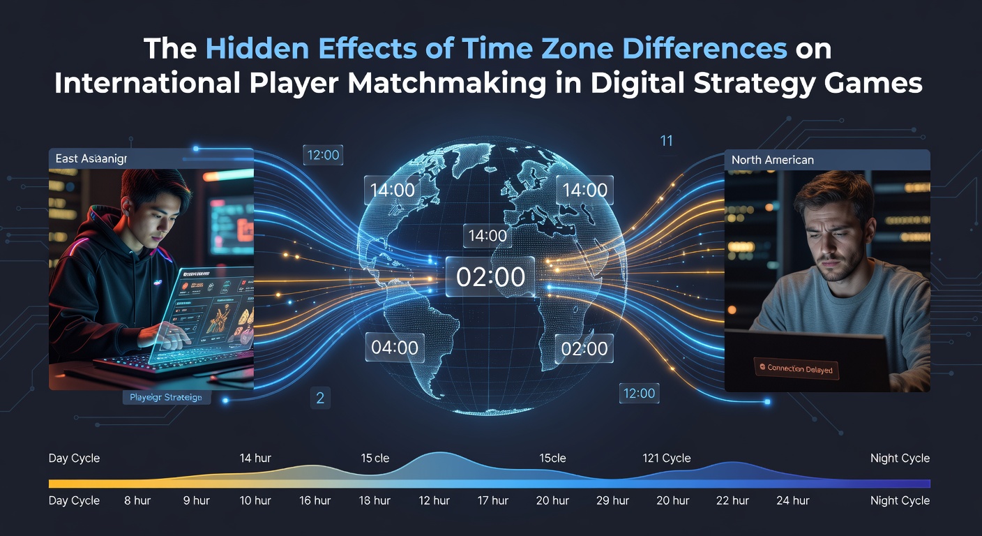 Weltkarte mit Zeitzonenlinien und verbundenen Spielerstandorten aus verschiedenen Kontinenten in einem Strategiespiel-Kontext