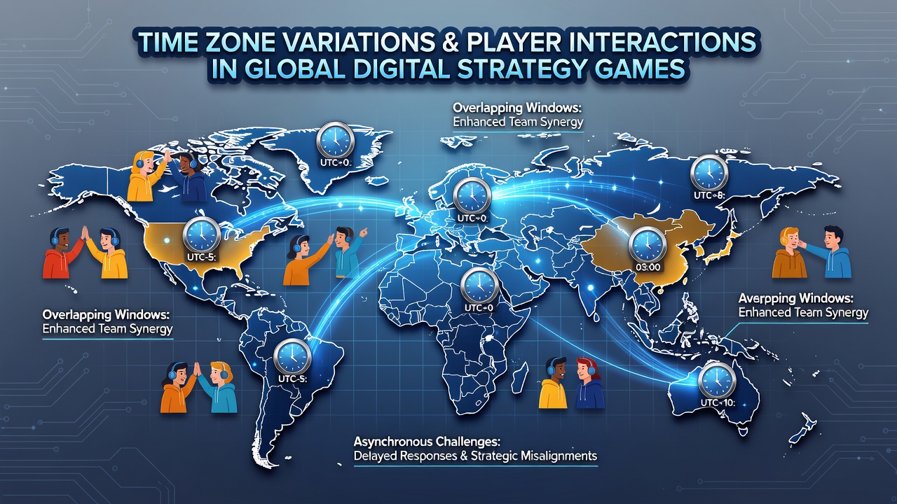 Spieler aus verschiedenen Zeitzonen bei einer koordinierten Strategie-Sitzung in einem digitalen Strategiespiel